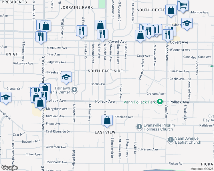map of restaurants, bars, coffee shops, grocery stores, and more near 1900 South Boeke Road in Evansville