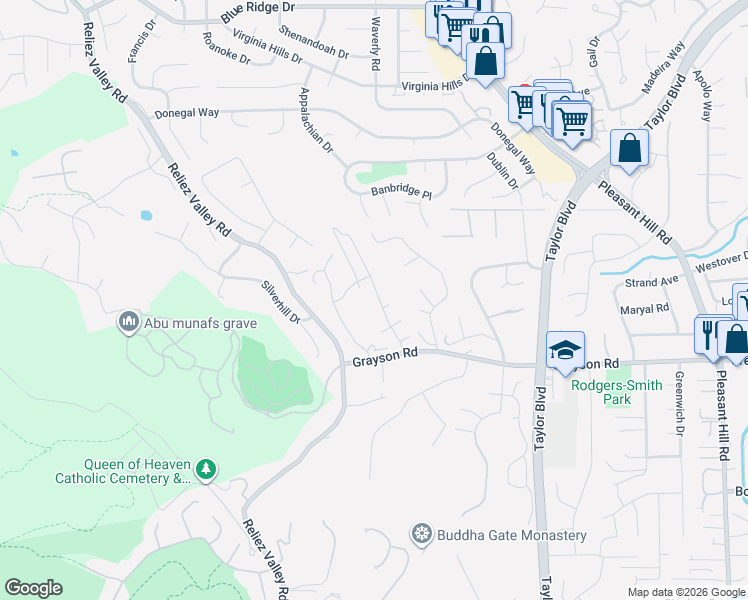 map of restaurants, bars, coffee shops, grocery stores, and more near 227 Golf Links Street in Pleasant Hill
