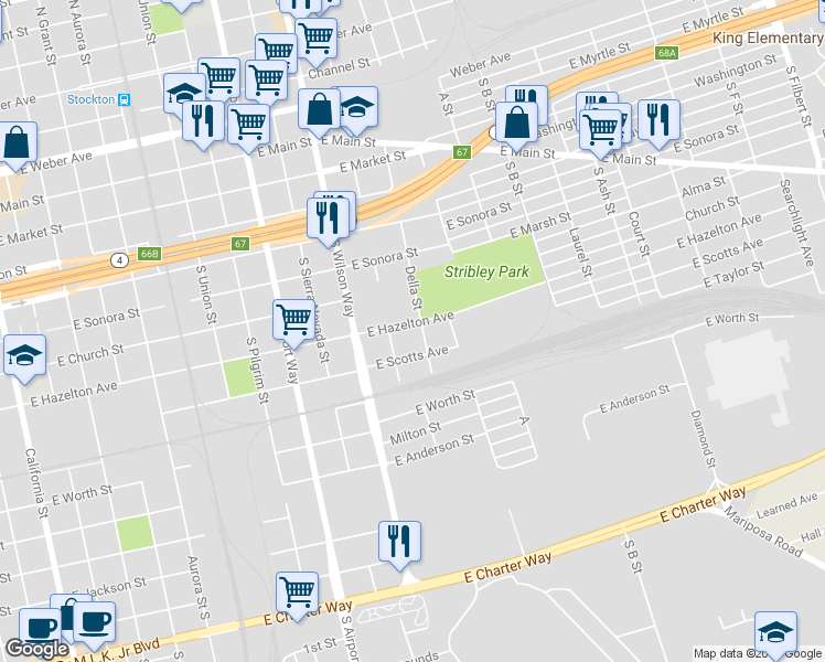 map of restaurants, bars, coffee shops, grocery stores, and more near 1640 East Hazelton Avenue in Stockton