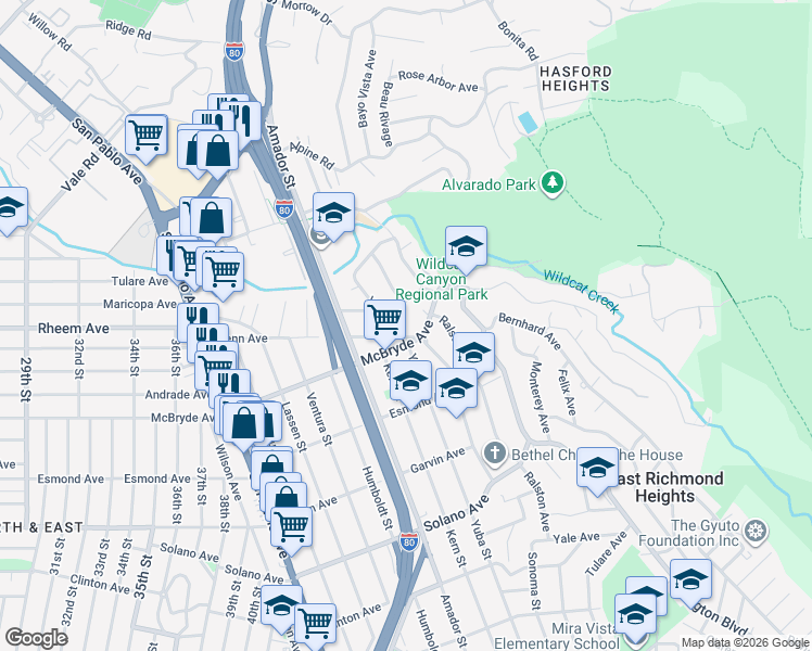 map of restaurants, bars, coffee shops, grocery stores, and more near 1120 Yuba Avenue in San Pablo