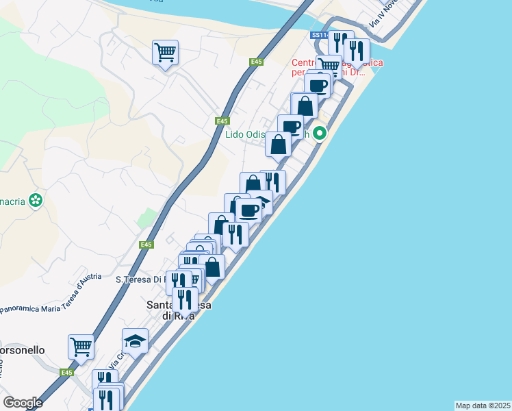 map of restaurants, bars, coffee shops, grocery stores, and more near 303 Via Regina Margherita in Santa Teresa di Riva
