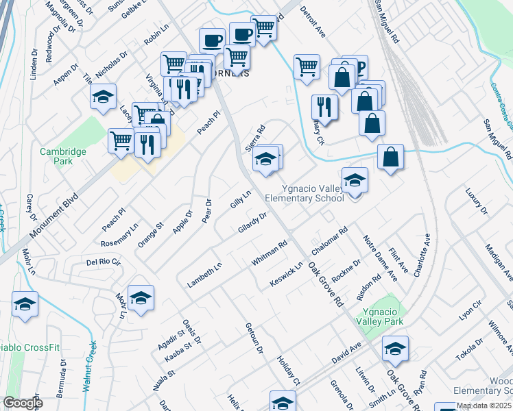 map of restaurants, bars, coffee shops, grocery stores, and more near 1021 Oak Grove Road in Concord