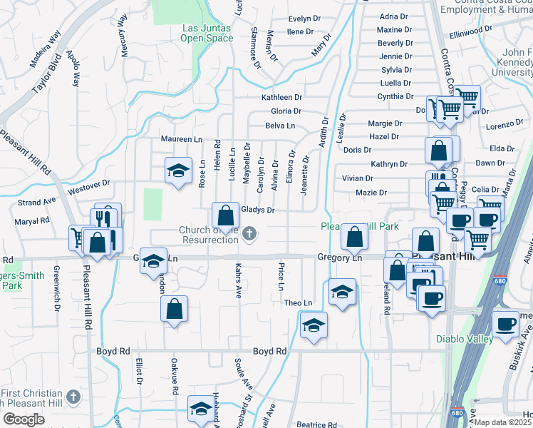 map of restaurants, bars, coffee shops, grocery stores, and more near 327 Gladys Drive in Pleasant Hill