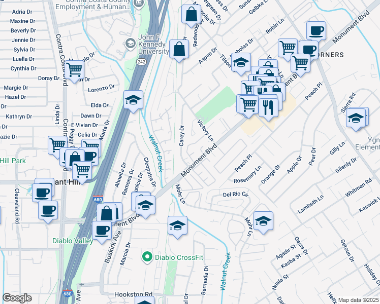 map of restaurants, bars, coffee shops, grocery stores, and more near 1265 Monument Boulevard in Concord
