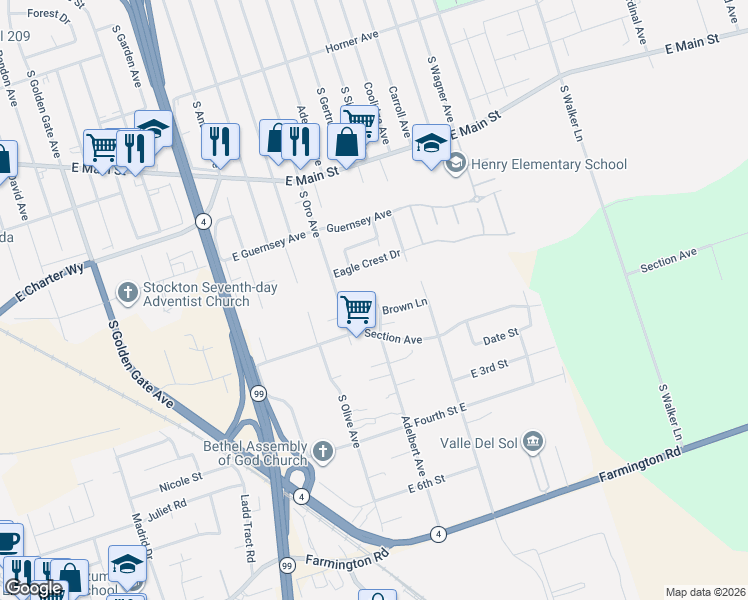 map of restaurants, bars, coffee shops, grocery stores, and more near 1545 Adelbert Avenue in Stockton