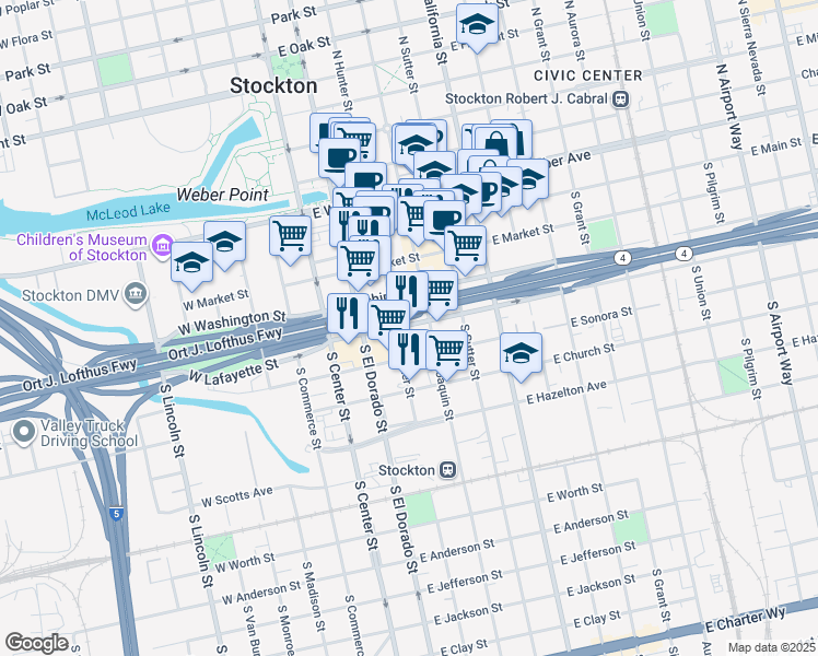 map of restaurants, bars, coffee shops, grocery stores, and more near 212 East Lafayette Street in Stockton