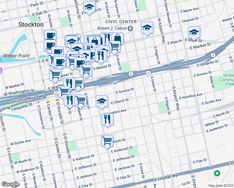 map of restaurants, bars, coffee shops, grocery stores, and more near 412 South Stanislaus Street in Stockton