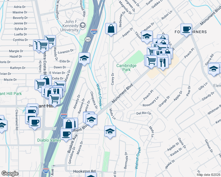 map of restaurants, bars, coffee shops, grocery stores, and more near 1113 Carey Drive in Concord