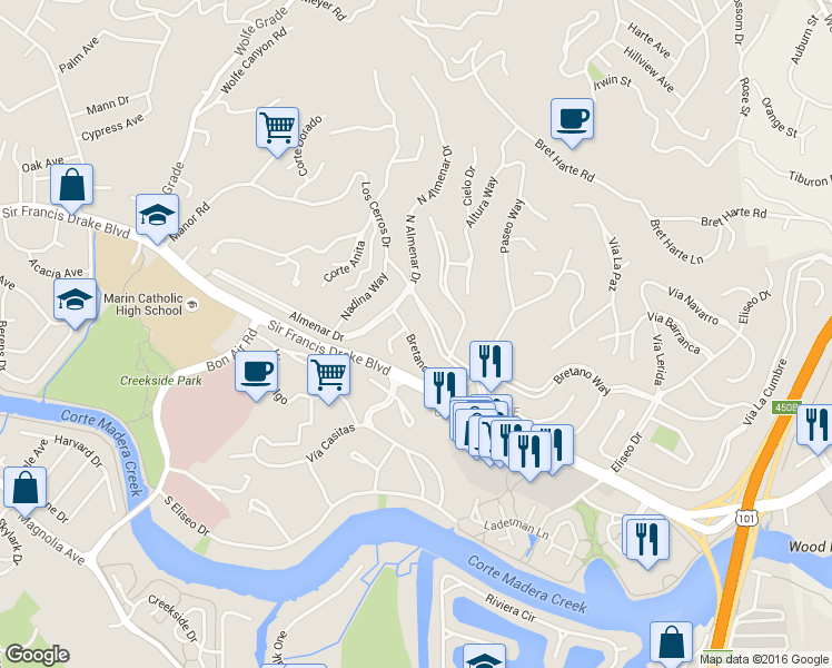 map of restaurants, bars, coffee shops, grocery stores, and more near 32 Bretano Way in Kentfield