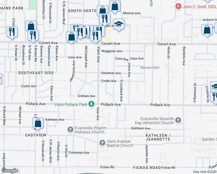 map of restaurants, bars, coffee shops, grocery stores, and more near 1918 Dianne Avenue in Evansville