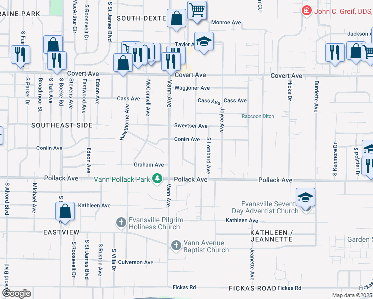 map of restaurants, bars, coffee shops, grocery stores, and more near 1918 Dianne Ave in Evansville