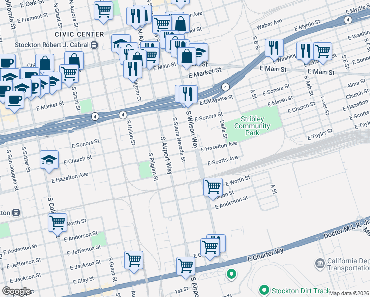 map of restaurants, bars, coffee shops, grocery stores, and more near 1425 East Hazelton Avenue in Stockton
