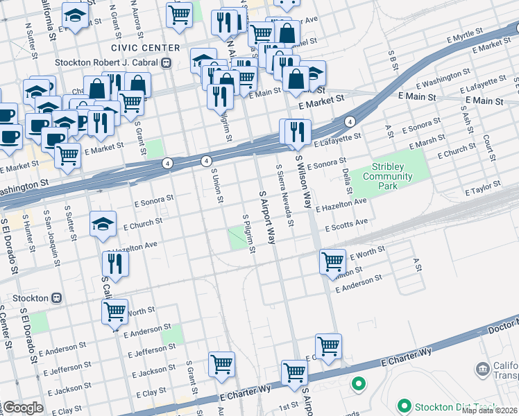 map of restaurants, bars, coffee shops, grocery stores, and more near 1222 East Church Street in Stockton