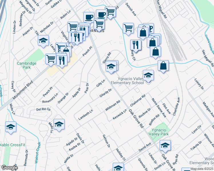 map of restaurants, bars, coffee shops, grocery stores, and more near 1021 Oak Grove Road in Concord