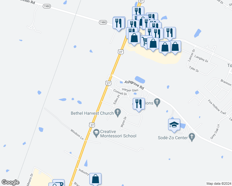 map of restaurants, bars, coffee shops, grocery stores, and more near 104 Connell Drive in Nicholasville