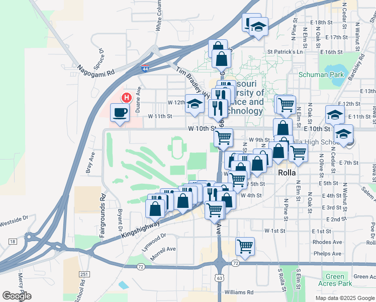 map of restaurants, bars, coffee shops, grocery stores, and more near in Rolla