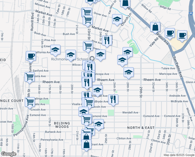 map of restaurants, bars, coffee shops, grocery stores, and more near 2357 Rheem Avenue in Richmond