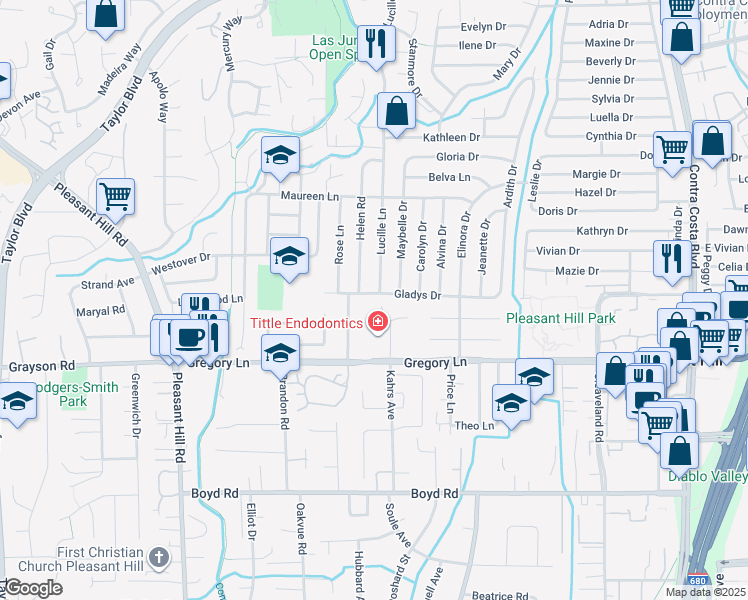 map of restaurants, bars, coffee shops, grocery stores, and more near 395 Gladys Drive in Pleasant Hill