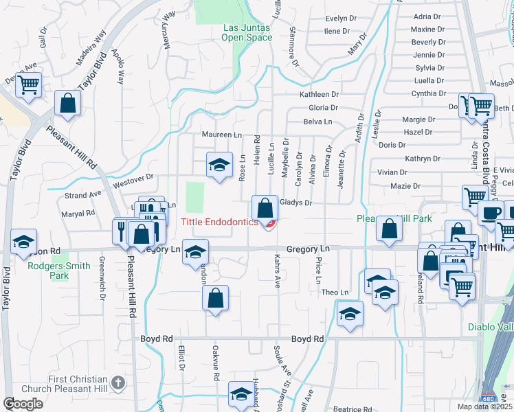 map of restaurants, bars, coffee shops, grocery stores, and more near 395 Gladys Drive in Pleasant Hill