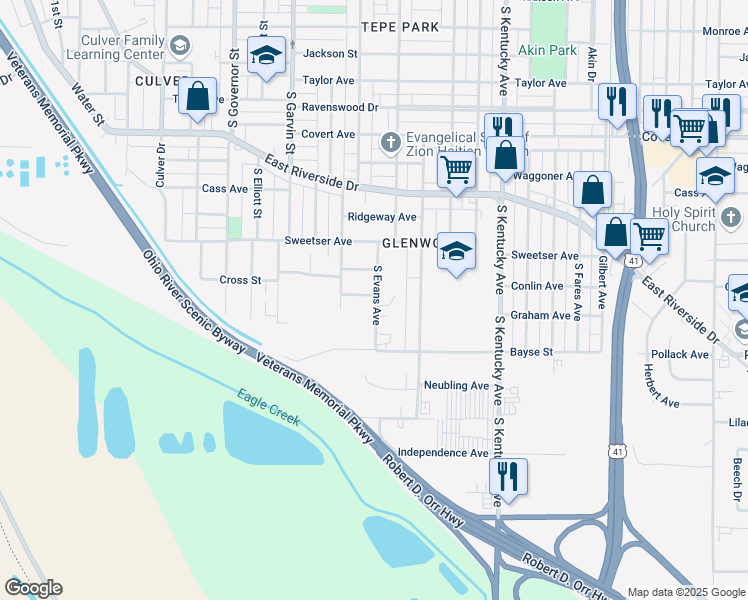 map of restaurants, bars, coffee shops, grocery stores, and more near 781 Cross Street in Evansville