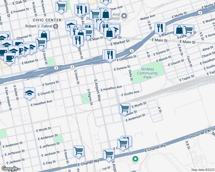 map of restaurants, bars, coffee shops, grocery stores, and more near 530 South Sierra Nevada Street in Stockton
