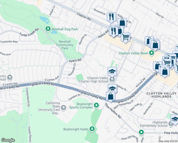 map of restaurants, bars, coffee shops, grocery stores, and more near 5079 Black Oak Road in Concord