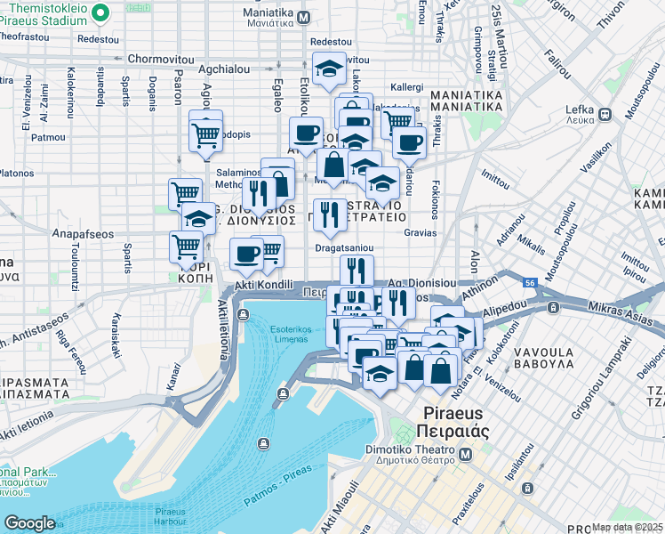map of restaurants, bars, coffee shops, grocery stores, and more near in Pireas