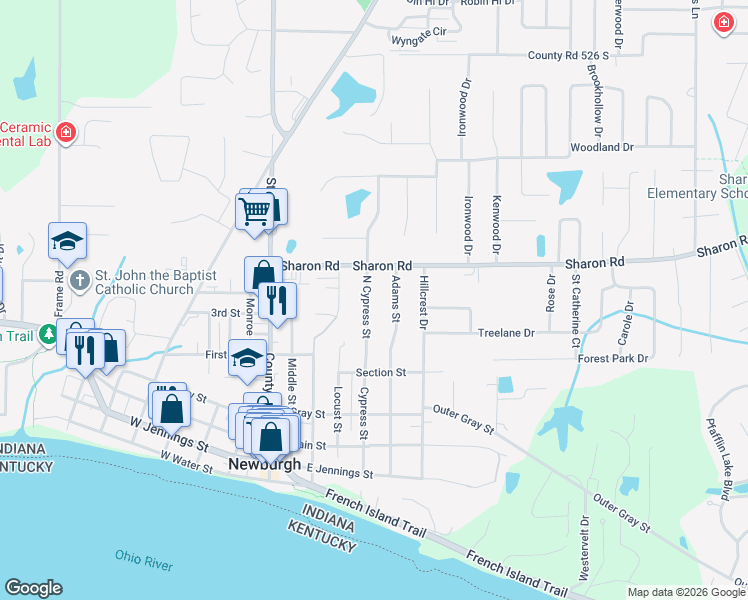 map of restaurants, bars, coffee shops, grocery stores, and more near 715 North Cypress Street in Newburgh