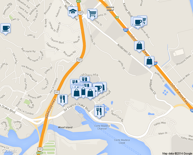 map of restaurants, bars, coffee shops, grocery stores, and more near 612 Old Quarry Road North in Larkspur