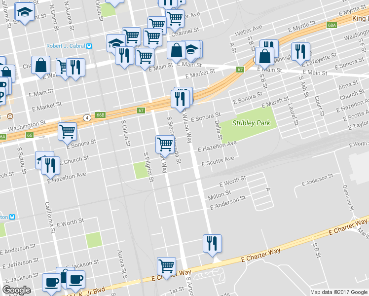 map of restaurants, bars, coffee shops, grocery stores, and more near 1425 East Hazelton Avenue in Stockton