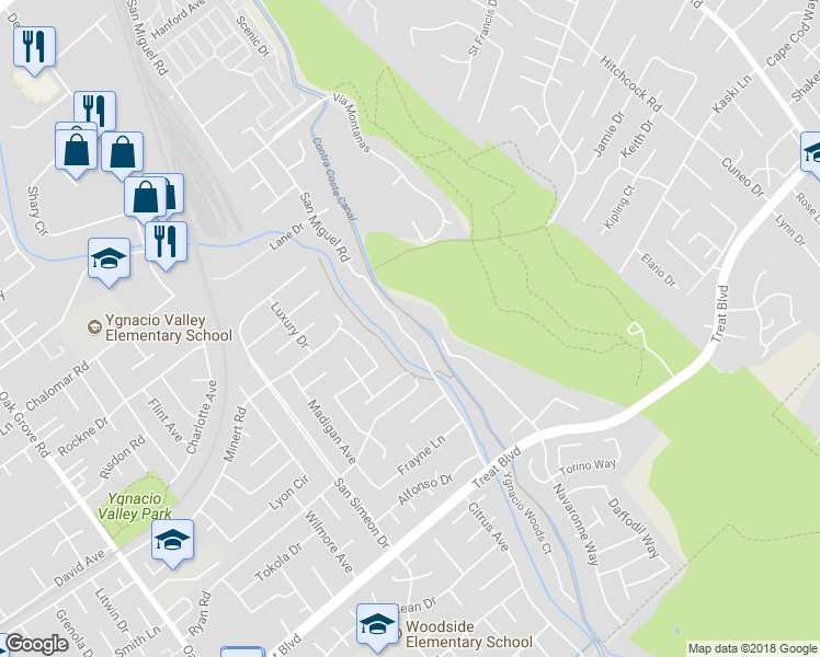 map of restaurants, bars, coffee shops, grocery stores, and more near 876 San Miguel Road in Concord