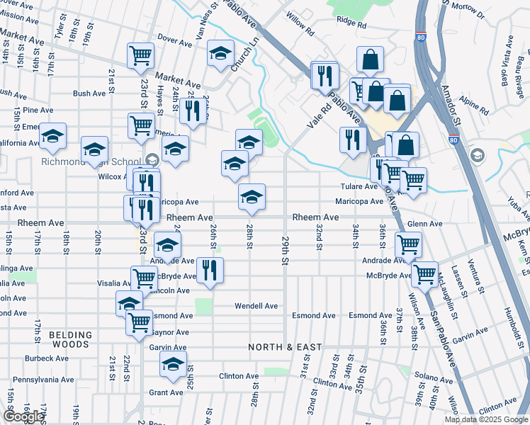 map of restaurants, bars, coffee shops, grocery stores, and more near 2839 Rheem Avenue in Richmond