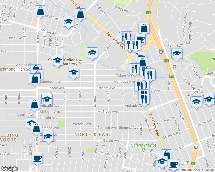 map of restaurants, bars, coffee shops, grocery stores, and more near 3107 Rheem Avenue in Richmond