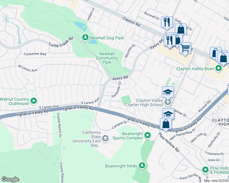 map of restaurants, bars, coffee shops, grocery stores, and more near 1015 Hidden Oak Court in Concord