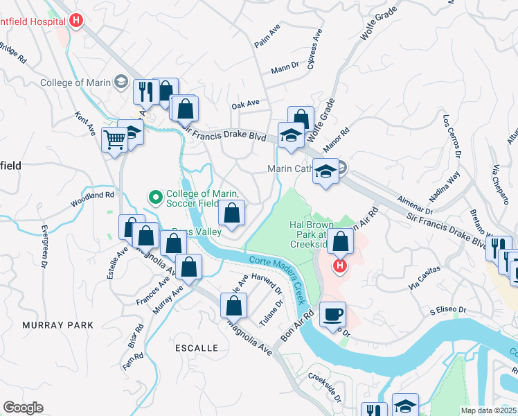 map of restaurants, bars, coffee shops, grocery stores, and more near 101 McAllister Avenue in Kentfield