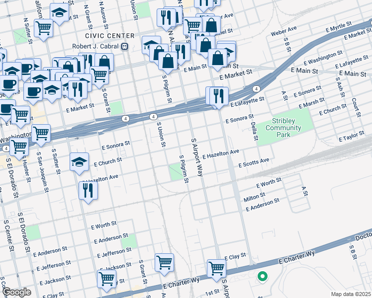 map of restaurants, bars, coffee shops, grocery stores, and more near 1222 East Church Street in Stockton