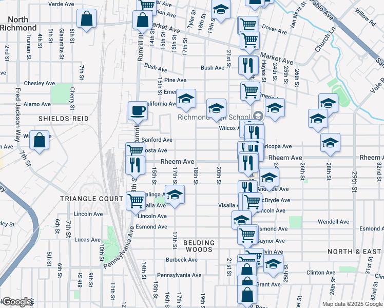 map of restaurants, bars, coffee shops, grocery stores, and more near 1758 Costa Avenue in Richmond