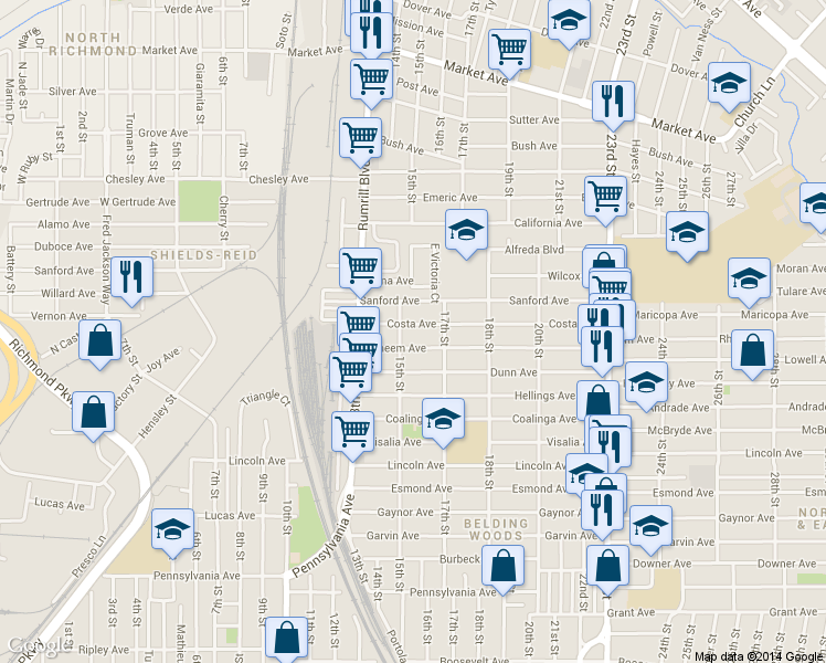 map of restaurants, bars, coffee shops, grocery stores, and more near 1520 Costa Avenue in Richmond