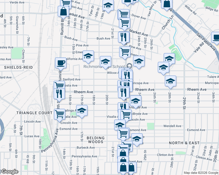 map of restaurants, bars, coffee shops, grocery stores, and more near 1928 Costa Avenue in Richmond