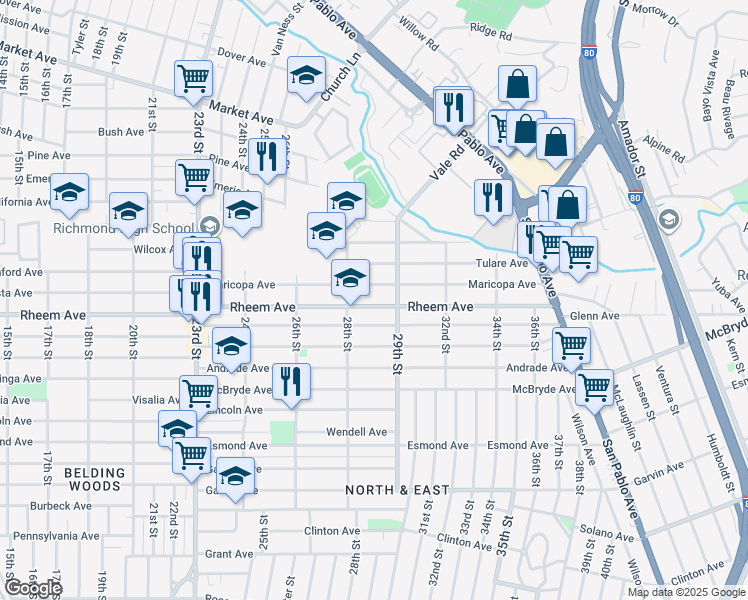 map of restaurants, bars, coffee shops, grocery stores, and more near 2849 Rheem Avenue in Richmond