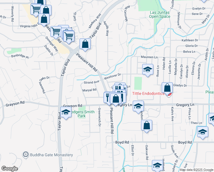 map of restaurants, bars, coffee shops, grocery stores, and more near 112 Lockwood Lane in Pleasant Hill
