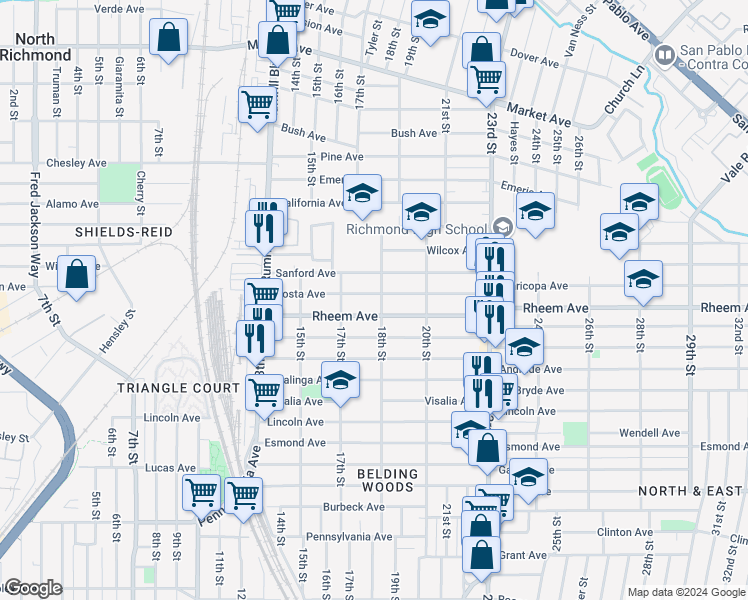 map of restaurants, bars, coffee shops, grocery stores, and more near 1758 Costa Avenue in Richmond