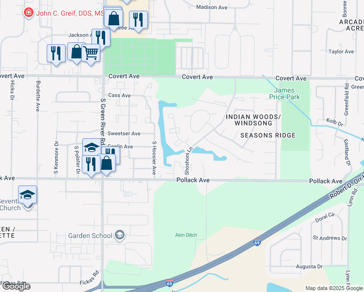 map of restaurants, bars, coffee shops, grocery stores, and more near 1971 Pueblo Pass in Evansville