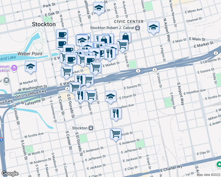 map of restaurants, bars, coffee shops, grocery stores, and more near 334 Malbec Court in Stockton