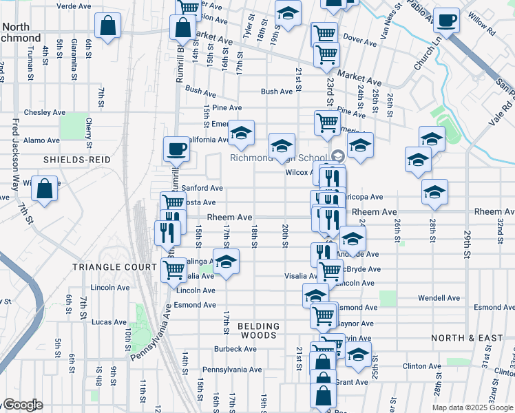 map of restaurants, bars, coffee shops, grocery stores, and more near 1124 18th Street in Richmond