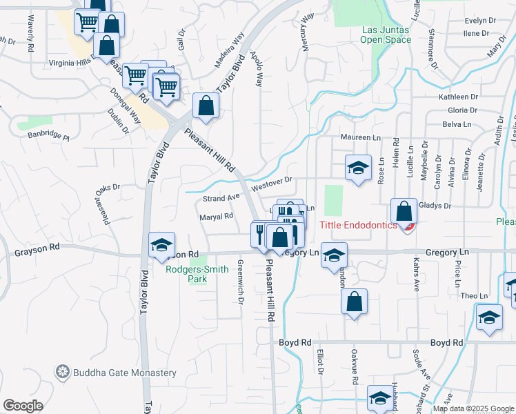 map of restaurants, bars, coffee shops, grocery stores, and more near 112 Lockwood Lane in Pleasant Hill