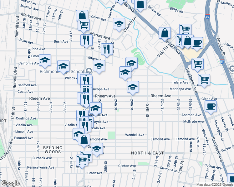 map of restaurants, bars, coffee shops, grocery stores, and more near 1134 26th Street in Richmond