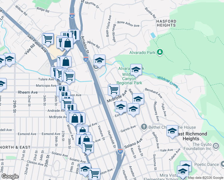 map of restaurants, bars, coffee shops, grocery stores, and more near 5480 Shasta Avenue in San Pablo