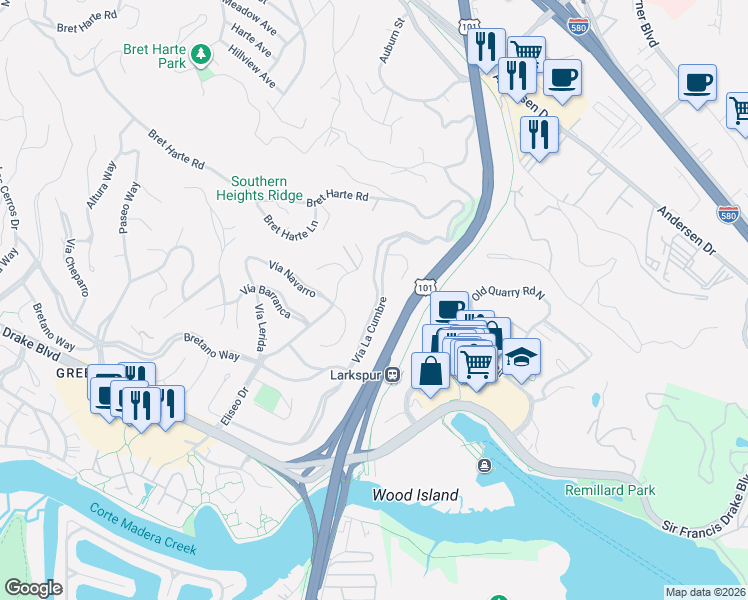 map of restaurants, bars, coffee shops, grocery stores, and more near 201 Vía La Cumbre in Larkspur