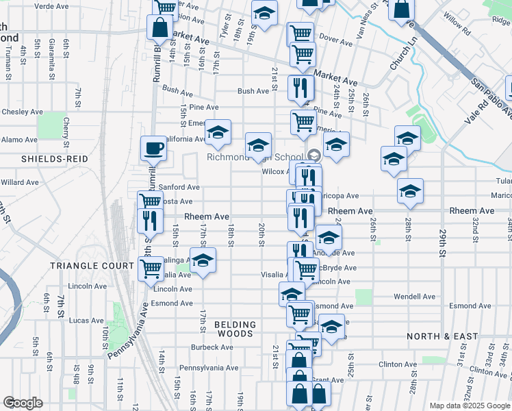 map of restaurants, bars, coffee shops, grocery stores, and more near 1928 Costa Avenue in Richmond